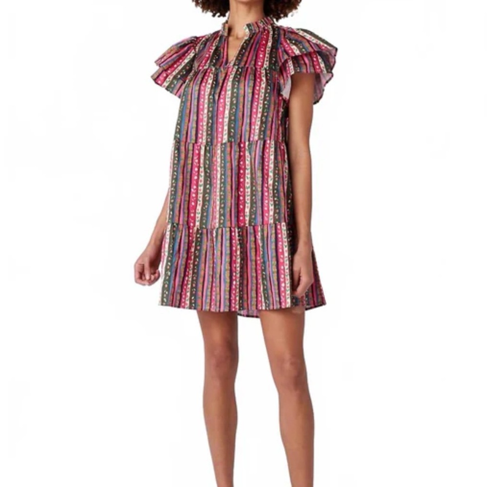 crosby. Striped Ruffle Sleeve Mini Dress - Pink Multi - Picture 1 of 4
